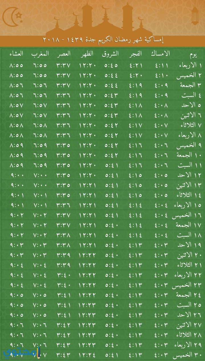 امساكية رمضان 2020 جدة