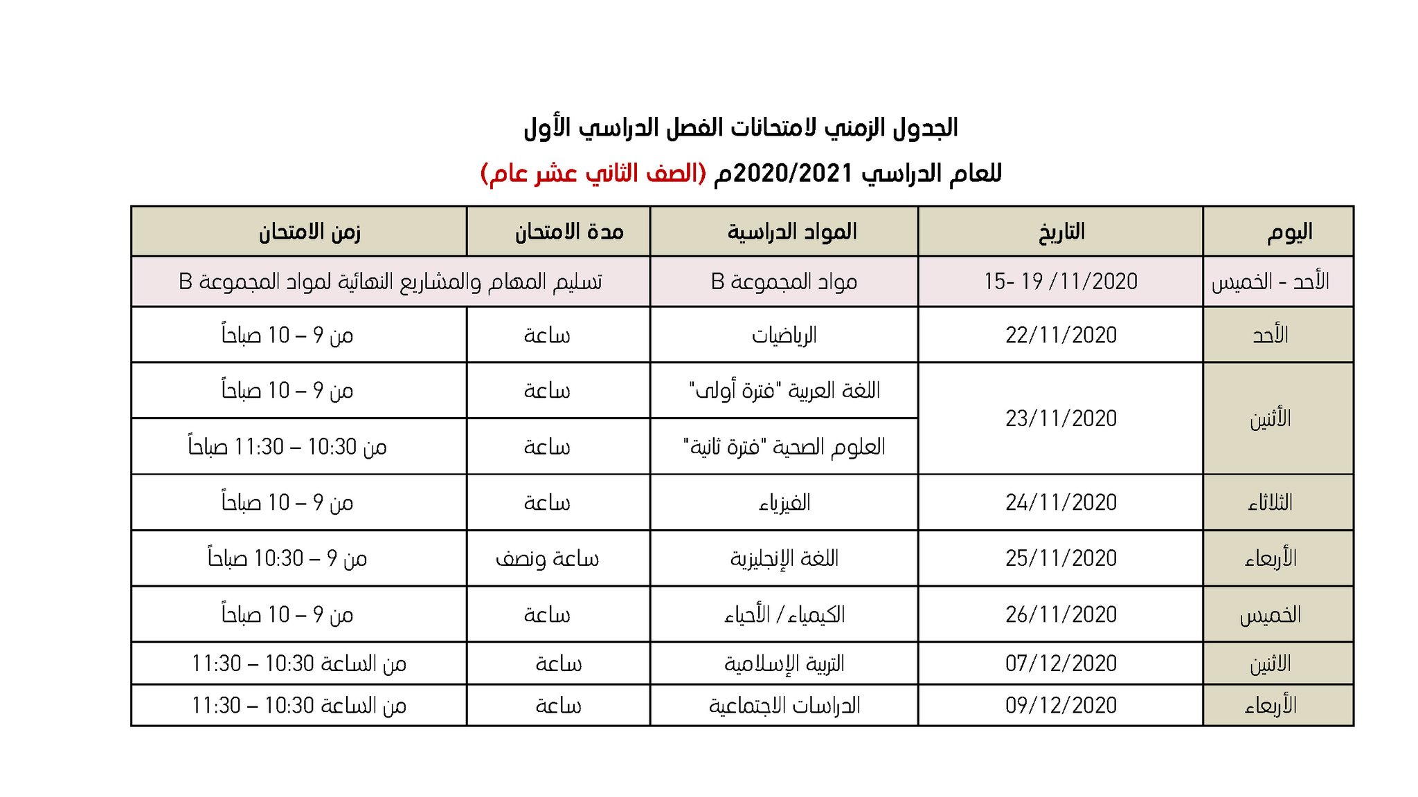 برنامج الصف الثاني عشر العام