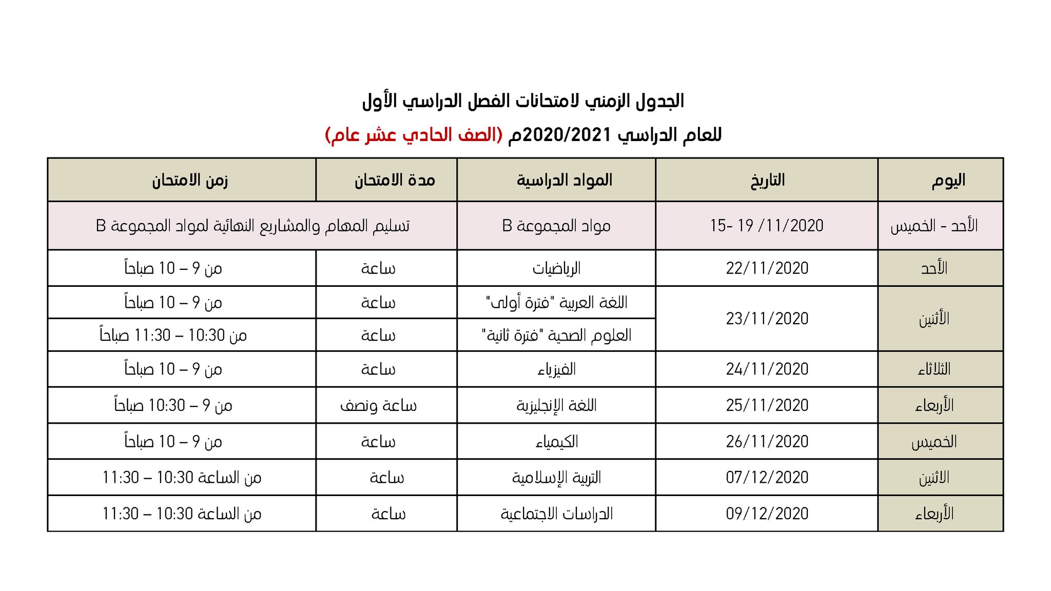 برنامج الصف الحادي عشر العام.
