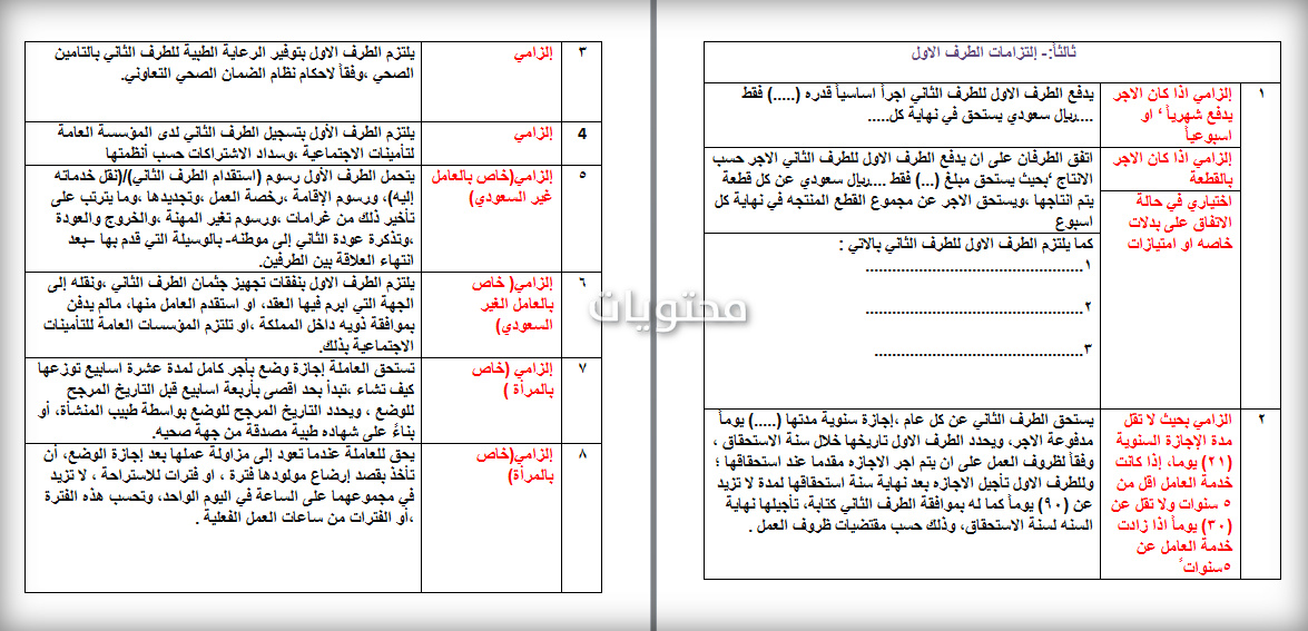 نموذج عقد العمل المعياري لوزارة العمل