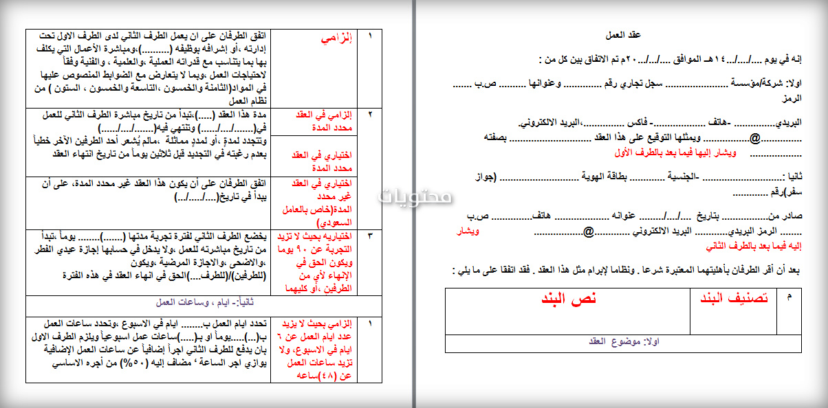 نموذج عقد العمل المعياري لوزارة العمل