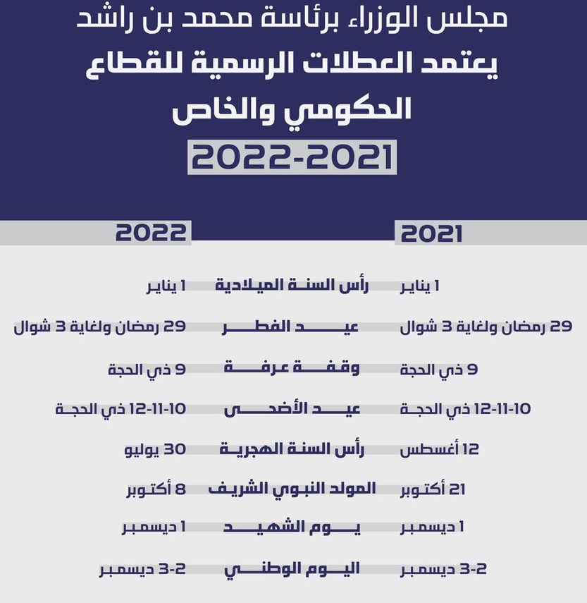 الإمارات العربية المتحدة 2021/2022 أيام العطل الرسمية