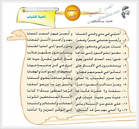التحليل الأدبي تحية الشباب ص 128 الفصل الثاني