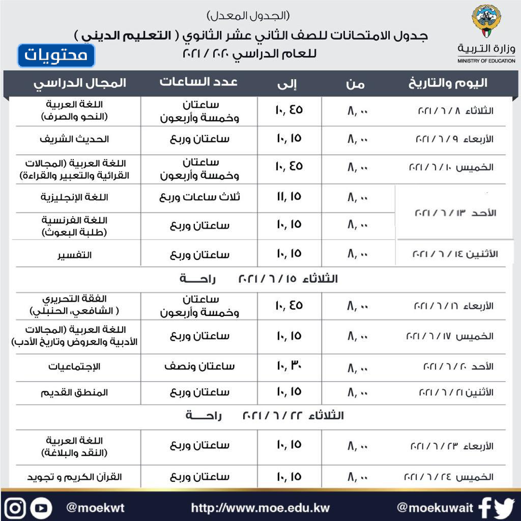 التعليم الثانوي التعليم الديني الصف الثاني عشر امتحان التقويم