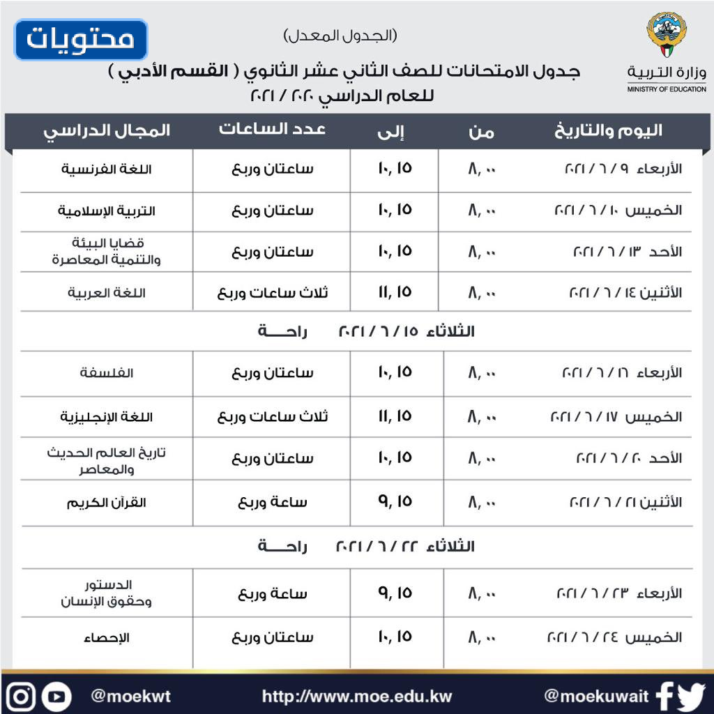 جدول امتحانات الصف الثاني عشر قسم الأدب