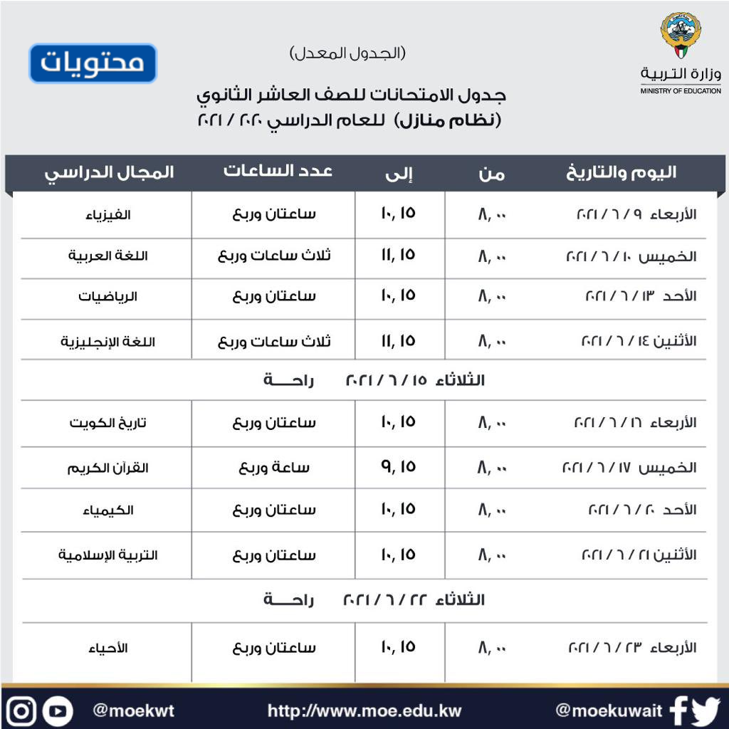 جدول امتحانات المرحلة المتوسطة للصف العاشر