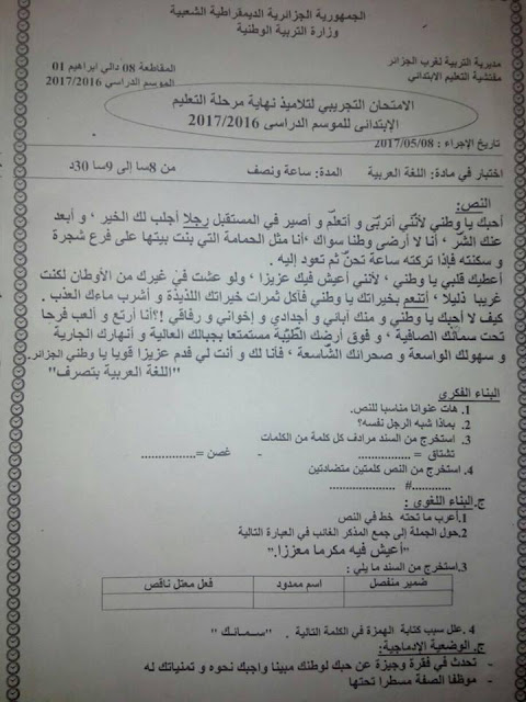 اختبار اللغة العربية للصف الخامس والحل