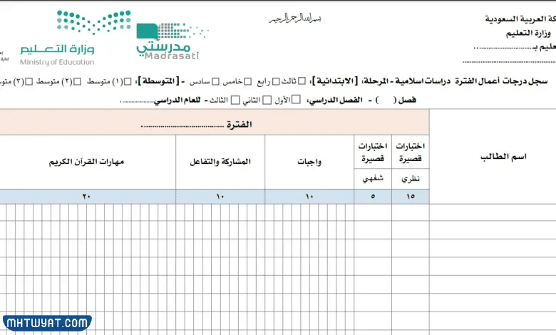 سجل رصد الدرجات 1444 المرحلة المتوسطة
